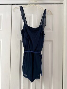 Navy Chiffon Sleeveless Romper with Braided Belt